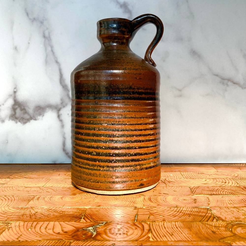 Antique/Vintage Brown Salt Glaze Ceramic Stoneware Whisky Jug w/ Finger Handle